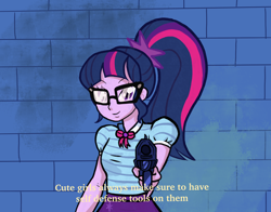 Size: 1564x1227 | Tagged: safe, artist:anonymous, artist:fluffleart, sci-twi, twilight sparkle, equestria girls, g4, 4chan, caption, drawthread, female, glasses, gun, looking at you, pointing gun, solo, weapon