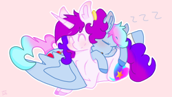 Size: 2560x1440 | Tagged: safe, artist:shinningblossom12, oc, oc only, oc:anasflow maggy, oc:shinning blossom, pegasus, pony, unicorn, abstract background, colored hooves, eyes closed, female, horn, lesbian, mare, onomatopoeia, pegasus oc, pink background, prone, simple background, sleeping, sound effects, unicorn oc, wings, zzz