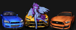 Size: 3000x1184 | Tagged: safe, artist:lightly-san, oc, oc only, oc:raven drake, alicorn, anthro, unguligrade anthro, alicorn oc, car, clothes, female, ford mustang, horn, lamborghini, nissan skyline, solo, wings