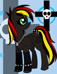 Size: 1792x2344 | Tagged: safe, artist:rikastormfeldthefox, oc, oc only, oc:marker cross, pegasus, pony, cross, eyelashes, female, jewelry, mare, necklace, pegasus oc, skull, smiling, solo, spiked wristband, tail wrap, wings, wristband