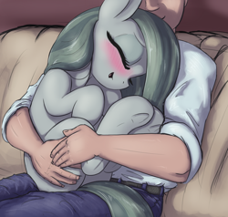 Size: 2100x2000 | Tagged: safe, artist:t72b, derpibooru exclusive, marble pie, earth pony, human, pony, blushing, couch, cuddling, curled up, cute, eyes closed, faceless male, female, high res, holding a pony, hooves to the chest, hug, human male, interspecies, male, marblebetes, mare, offscreen character, open mouth, sitting, sitting on lap, smiling, underhoof, weapons-grade cute