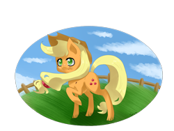 Size: 4000x3000 | Tagged: safe, artist:tomat-in-cup, applejack, earth pony, pony, g4, cloud, female, fence, hat, outdoors, raised hoof, simple background, solo, transparent background