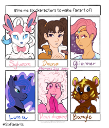 Size: 1867x2200 | Tagged: safe, princess luna, alicorn, big cat, gem (race), human, pony, sylveon, tiger, anthro, g4, spoiler:steven universe, animal crossing, anthro with ponies, bangle, bust, clothes, crossover, diane the serpent's sin of envy, ethereal mane, female, glimmer (she-ra), mare, peytral, pink diamond (steven universe), pokémon, she-ra and the princesses of power, six fanarts, spoilers for another series, starry mane, steven universe, the seven deadly sins