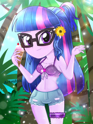 Size: 1800x2400 | Tagged: safe, artist:artmlpk, sci-twi, twilight sparkle, equestria girls, g4, adorable face, adorasexy, adorkable, alternate hairstyle, bare shoulders, beach, beautiful, bikini, chest, clothes, cute, denim, denim shorts, dork, female, flower, flower in hair, food, ice cream, looking at you, ocean, palm tree, pigtails, plants, scrunchie, sexy, shorts, sleeveless, smiling, smiling at you, solo, summer, sunflower, swimsuit, topless, tree, twiabetes, two-piece swimsuit, water