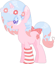 Size: 356x411 | Tagged: safe, artist:skele-sans, oc, oc only, oc:candy swirls, pony, unicorn, base used, clothes, flower, flower in hair, horn, simple background, socks, solo, striped socks, transparent background, unicorn oc