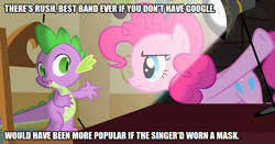 Size: 952x500 | Tagged: safe, edit, edited screencap, editor:thor-disciple, screencap, pinkie pie, spike, dragon, earth pony, pony, g4, party of one, duo, female, google, heavy metal, interrogation, male, mare, meme, music, rush, spotlight, talking