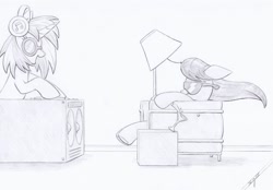 Size: 1024x711 | Tagged: safe, artist:xeviousgreenii, dj pon-3, octavia melody, vinyl scratch, earth pony, pony, unicorn, g4, atg 2020, commercial reference, duo, female, headphones, maxell, newbie artist training grounds, solo, speaker, sunglasses, traditional art