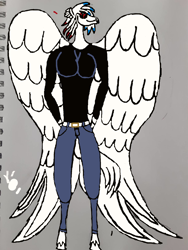 Size: 1224x1632 | Tagged: safe, artist:makarosc, oc, oc only, oc:tempest thrasher, hippogriff, anthro, clothes, hippogriff oc, jeans, pants, solo