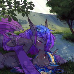 Size: 1000x1000 | Tagged: safe, artist:lunarlacepony, oc, oc only, oc:grey, oc:rapid shadow, bat pony, pony, unicorn, blushing, clothes, crepuscular rays, cute, dappled sunlight, femboy, flower, flower in hair, gay, hoodie, hug, kissing, looking at each other, loose hair, male, nature, oc x oc, on back, rapid x grey, river, scarf, shipping, tree, water, wings