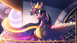 Size: 1920x1080 | Tagged: safe, artist:deroko, twilight sparkle, alicorn, pony, g4, the last problem, crown, curved horn, ethereal mane, female, horn, jewelry, majestic, mare, night, older, older twilight, older twilight sparkle (alicorn), princess twilight 2.0, regalia, solo, starry mane, twilight sparkle (alicorn)
