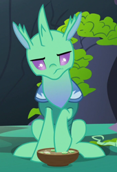 Size: 452x663 | Tagged: safe, screencap, soupling, changedling, changeling, g4, to change a changeling, changeling food, cropped, food, frown, looking down, male, sitting, solo, soup, unamused