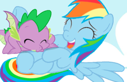 Size: 1080x696 | Tagged: safe, artist:princessdestiny200i, rainbow dash, spike, dragon, pegasus, pony, g4, base used, blowing, cloud, cute, cuteness overload, duo, eyes closed, female, friendshipping, laughing, lying down, male, on back, raspberry, tickling, tongue out, tummy buzz