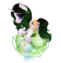 Size: 3147x3219 | Tagged: safe, artist:caramisha, oc, oc only, oc:vex vixen, pony, unicorn, black and green, black rose, cute, food, glass, high res, ice cream, mint ice cream, moon, peppermint, signature, simple background, solo, white background