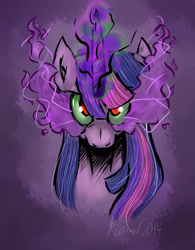 Size: 2163x2772 | Tagged: safe, artist:alystown, twilight sparkle, pony, g4, bust, colored horn, corrupted, corrupted twilight sparkle, curved horn, dark magic, dark queen, dark twilight, dark twilight sparkle, darklight, darklight sparkle, evil twilight, female, glowing horn, high res, horn, magic, queen twilight, queen twilight sparkle, solo, sombra eyes, sombra horn, tyrant sparkle