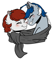Size: 1280x1387 | Tagged: safe, artist:cyberafter, oc, oc only, oc:harry, oc:kip, earth pony, pegasus, pony, blushing, bust, clothes, earth pony oc, eyes closed, gay, male, oc x oc, pegasus oc, scarf, shared clothing, shared scarf, shipping, simple background, smiling, stallion, transparent background