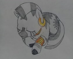 Size: 2448x1977 | Tagged: safe, artist:public mistake, zecora, pony, zebra, g4, bracelet, cute, ear piercing, earring, eyes closed, female, filly, jewelry, neck rings, piercing, quadrupedal, simple background, sleeping, solo, weapons-grade cute, white background, zecorable