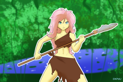 Size: 1000x667 | Tagged: safe, artist:empyu, fluttershy, equestria girls, g4, 45 minute art challenge, badass, belly button, caveman, cavewoman, female, flutterbadass, jungle, jungle girl, leaves, lilypad, loincloth, looking at you, outline, solo, spear, tarzan, tribal, tribalshy, water, weapon