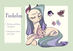 Size: 3000x2100 | Tagged: safe, artist:doctor-sunrise, oc, oc only, oc:fedelm, kelpie, pony, eyes closed, fangs, female, high res, mare, multicolored hair, open mouth, reference sheet, solo, tattoo, teeth