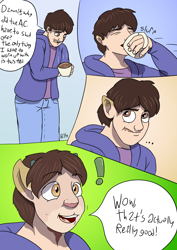 Size: 2480x3507 | Tagged: safe, artist:mcsplosion, part of a set, yona, human, g4, comic, dialogue, drink, drinking, exclamation point, food, high res, human male, human to yak, male, male to female, rule 63, simple background, speech bubble, tea, transformation