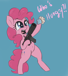 Size: 1580x1780 | Tagged: safe, artist:t72b, derpibooru exclusive, pinkie pie, earth pony, pony, g4, ar-15, atg 2020, belly button, bipedal, female, food, gun, hoof hold, launcher, muffin, newbie artist training grounds, solo, this will end in tears, weapon, yelling