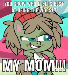 Size: 1081x1200 | Tagged: safe, edit, edited screencap, screencap, dishwater slog, earth pony, pony, g4.5, my little pony: pony life, the best of the worst, caption, cropped, excessive exclamation marks, image macro, male, meme, muscle man, my mom, reference, regular show, smiling, smirk, smug, stallion, text