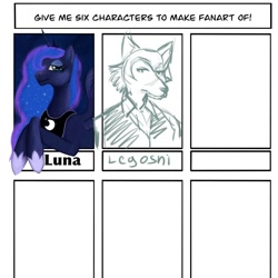 Size: 1080x1080 | Tagged: safe, artist:danigrilloart, princess luna, alicorn, pony, wolf, anthro, g4, anthro with ponies, beastars, bust, clothes, crossover, ethereal mane, female, hoof shoes, legosi (beastars), mare, peytral, six fanarts, starry mane, wip