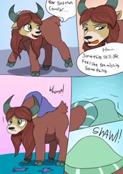 Size: 2480x3507 | Tagged: safe, artist:mcsplosion, part of a set, yona, yak, g4, blanket, clothes, cloven hooves, comic, food, high res, human to yak, male, post-transformation, tea, torn clothes, transformation, transforming clothes