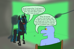 Size: 1728x1137 | Tagged: safe, artist:dzamie, queen chrysalis, oc, changeling, changeling queen, kobold, g4, a better ending for chrysalis, animated actors, behind the scenes, boom mic, colored, digital art, duo, female, green screen, male, microphone