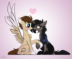 Size: 3640x2991 | Tagged: safe, artist:fenixdust, oc, oc:ivy, oc:skittle, pegasus, pony, unicorn, chest fluff, clothes, female, heart, high res, hockless socks, holding hooves, hoof hold, jacket, looking at each other, male, mare, oc x oc, shipping, sitting, skivy, smiling, socks, stallion, straight