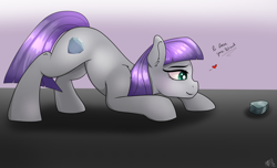 Size: 2600x1576 | Tagged: safe, artist:monsoonvisionz, boulder (g4), maud pie, earth pony, pony, g4, crouching, cute, female, floating heart, heart, maudabetes, pet rock, rock, slender, smiling, thin, when she smiles