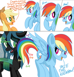 Size: 1920x2000 | Tagged: safe, artist:notadeliciouspotato, applejack, queen chrysalis, rainbow dash, changeling, changeling queen, earth pony, pegasus, pony, g4, atg 2020, comic, dialogue, female, flying, frown, genius, mare, newbie artist training grounds, open mouth, smiling, speech bubble, spread wings, tail slap, taste the rainbow, thinking, wings