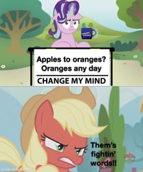 Size: 1000x1200 | Tagged: safe, edit, edited screencap, screencap, applejack, starlight glimmer, pony, unicorn, g4, honest apple, :i, angry, change my mind, chocolate, cup, food, funny, hot chocolate, i mean i see, mematic, meme, reaction image, red face, treehouse logo
