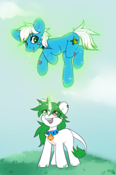 Size: 2844x4286 | Tagged: safe, artist:sugarstar, oc, oc only, oc:sugarstar, earth pony, pony, unicorn, rcf community, bandaid, collar, cute, fangs, female, glowing horn, heterochromia, horn, levitation, looking away, looking up, magic, male, mare, open mouth, patch, smiling, stallion, telekinesis
