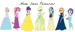 Size: 1842x798 | Tagged: safe, artist:allegro15, artist:selenaede, applejack, fluttershy, pinkie pie, rainbow dash, rarity, sunset shimmer, twilight sparkle, human, equestria girls, g4, aladdin, alternate hairstyle, arrow, barefoot, barely eqg related, base used, beauty and the beast, belle, bow (weapon), brave (movie), cinderella, cindershy, clothes, crossover, crown, disney, disney princess, dress, ear piercing, earring, fa mulan, feet, flower, flower in hair, gloves, gown, jewelry, lantern, merida, mulan, necklace, piercing, ponytail, princess belle, princess tiana, rapunzel, regalia, shoes, simple background, the princess and the frog, tiana, transparent background, twilight sparkle (alicorn)