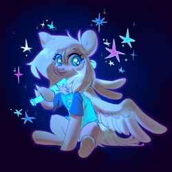 Size: 3000x3000 | Tagged: safe, artist:sugarstar, oc, oc only, oc:mirta whoowlms, pegasus, pony, rcf community, baseball bat, clothes, crossover, female, high res, looking at you, mare, neon, night in the woods, shirt, sitting, smiling, spread wings, starry eyes, stars, t-shirt, wingding eyes, wings