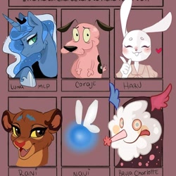 Size: 828x828 | Tagged: dead source, safe, artist:gut_cakee, princess luna, alicorn, big cat, fairy, lion, pony, anthro, g4, anthro with ponies, beastars, blushing, bust, clothes, courage (character), courage the cowardly dog, crossover, fairy wings, female, haru (beastars), heart, jewelry, licking, licking lips, mare, navi, peytral, puella magi madoka magica, rani, six fanarts, smiling, the legend of zelda, the lion guard, tiara, tongue out, wings