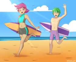 Size: 3056x2500 | Tagged: safe, artist:riouku, scootaloo, spike, human, g4, barefoot, beach, belly button, bikini, clothes, commission, delicious flat chest, duo, feet, female, high res, humanized, male, midriff, scootaflat, ship:scootaspike, shipping, shorts, sports shorts, straight, summer, surfing, swimsuit, tankini