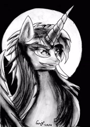 Size: 2062x2907 | Tagged: safe, artist:qwixlochflow, oc, oc only, oc:fausticorn, oc:tau sunflare, alicorn, pony, bust, charcoal (medium), halo, high res, solo, traditional art