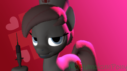 Size: 1920x1080 | Tagged: safe, artist:marianokun, nurse redheart, earth pony, pony, g4, 3d, cutie mark, cutie mark background, hat, heart, looking at you, purple background, red background, red cross, simple background, smiling, source filmmaker, syringe