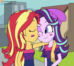 Size: 4541x4053 | Tagged: safe, artist:eagc7, starlight glimmer, sunset shimmer, human, equestria girls, g4, beanie, bisexual pride flag, blushing, cheek kiss, clothes, commission, dress, duo, face paint, female, hat, kissing, ko-fi, lesbian, patreon, pride, pride flag, pride month, ship:shimmerglimmer, shipping, shirt, sleeveless, sunset shimmer is bisexual, t-shirt, tank top