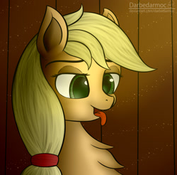 Size: 2196x2160 | Tagged: safe, artist:darbedarmoc, applejack, earth pony, pony, g4, barn, bust, chest fluff, cute, eyes on the prize, eyeshadow, female, high res, jackabetes, makeup, mare, solo, sun, tongue out