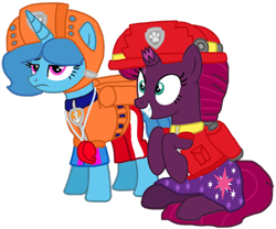 Size: 1184x984 | Tagged: safe, artist:徐詩珮, fizzlepop berrytwist, spring rain, tempest shadow, pony, unicorn, series:sprglitemplight diary, series:sprglitemplight life jacket days, series:springshadowdrops diary, series:springshadowdrops life jacket days, g4, alternate universe, base used, broken horn, clothes, cutie mark, cutie mark on clothes, dress, duo, eye scar, eyelashes, female, frown, helmet, horn, lesbian, lifeguard, lifeguard spring rain, mare, marshall (paw patrol), paw patrol, paw prints, scar, ship:springshadow, shipping, simple background, sitting, smiling, spring rain is not amused, transparent background, unamused, whistle, zuma (paw patrol)