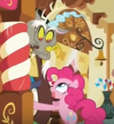 Size: 1153x1253 | Tagged: safe, screencap, discord, pinkie pie, draconequus, earth pony, pony, g4, make new friends but keep discord, bakery, candy, candy cane, cropped, female, food, male, misleading thumbnail, out of context, ship:discopie, shipping, straight