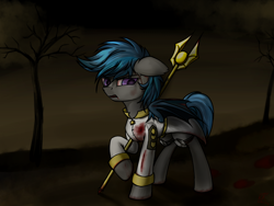Size: 1332x1000 | Tagged: safe, artist:ktk's sky, oc, oc only, bat pony, pony, blood, clothes, injured, male, red eyes, solo, tree, wand