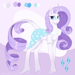 Size: 1280x1280 | Tagged: safe, artist:themessyfangirl, rarity, classical unicorn, pony, unicorn, g4, cloak, clothes, female, glasses, horn, leonine tail, mare, redesign, reference sheet, smiling, solo, unshorn fetlocks