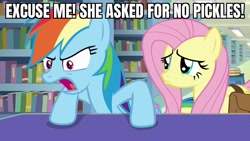 Size: 1920x1080 | Tagged: safe, edit, edited screencap, screencap, fluttershy, rainbow dash, pegasus, pony, daring doubt, g4, angry, caption, frown, image macro, library, meme, pouting, text