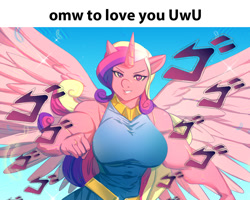 Size: 1135x907 | Tagged: safe, artist:bakki, edit, princess cadance, alicorn, anthro, g4, big breasts, breasts, busty princess cadance, female, jojo reference, jojo's bizarre adventure, meme, menacing, muscles, muscular female, princess ca-dense, running, smiling, smiling at you, solo, spread wings, uwu, wings, ゴ ゴ ゴ