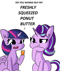 Size: 2248x2632 | Tagged: safe, artist:tjpones edits, edit, starlight glimmer, twilight sparkle, alicorn, pony, unicorn, g4, bottle, dialogue, duo, female, high res, hoof on chin, implied poop, implied scat, mare, ponut butter, simple background, sitting, trixie's pills, twilight sparkle (alicorn), white background, wrong eye color
