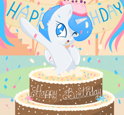 Size: 1972x1828 | Tagged: safe, artist:csox, oc, oc only, oc:white flare, alicorn, pony, birthday, birthday cake, cake, food, popping out of a cake, solo