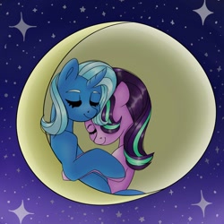 Size: 1134x1134 | Tagged: safe, artist:depressedpsych7, starlight glimmer, trixie, pony, unicorn, curved horn, cute, diatrixes, eyes closed, female, glimmerbetes, horn, lesbian, moon, night, shipping, smiling, stars, startrix